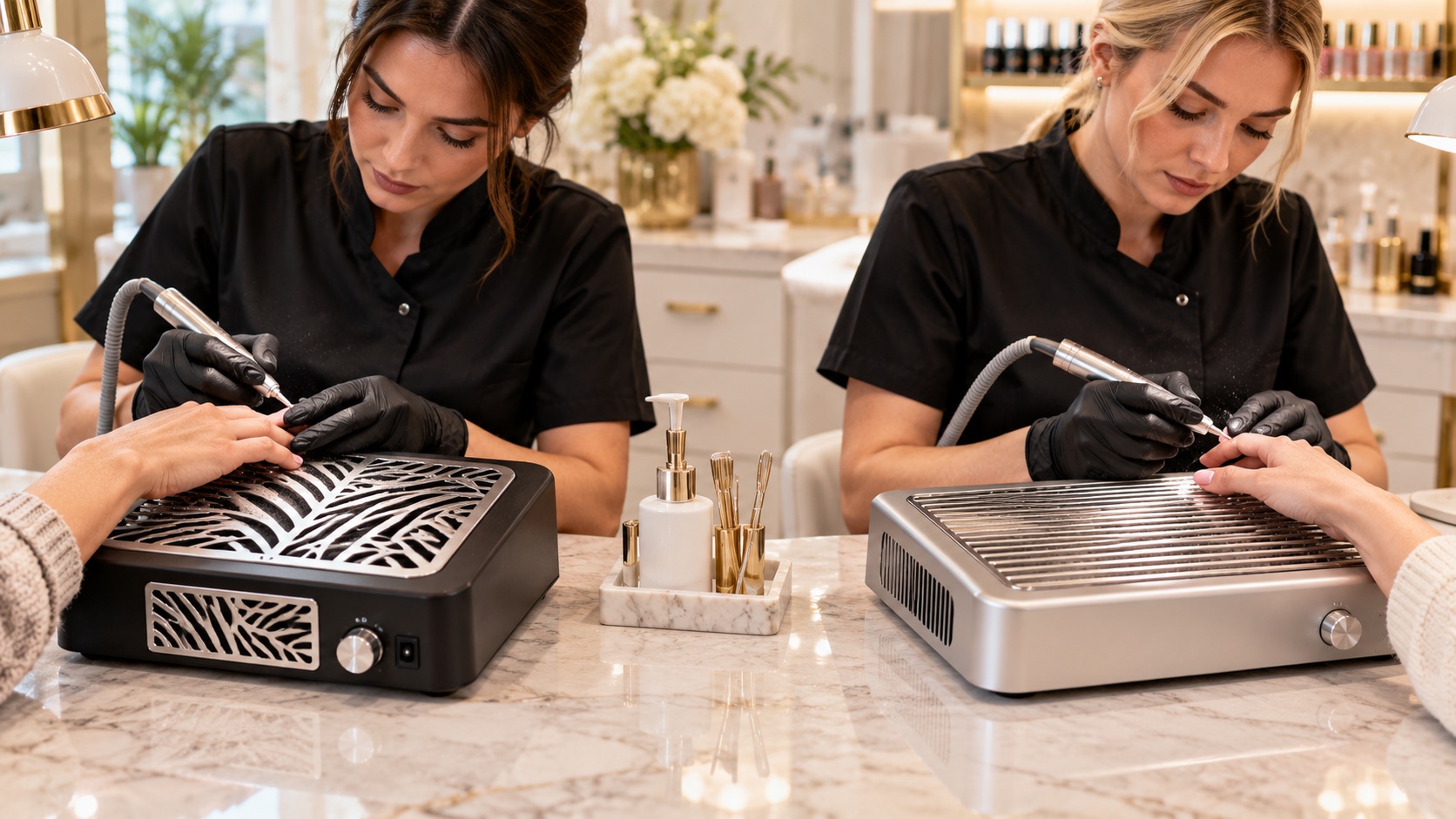 Professional nail salon with two manicure stations using tabletop dust collectors during gel nail filing and electric nail drill treatments