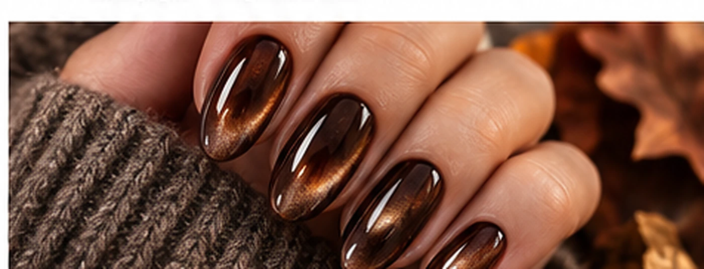 Autumn espresso gemstone glass manicure with warm brown magnetic reflections