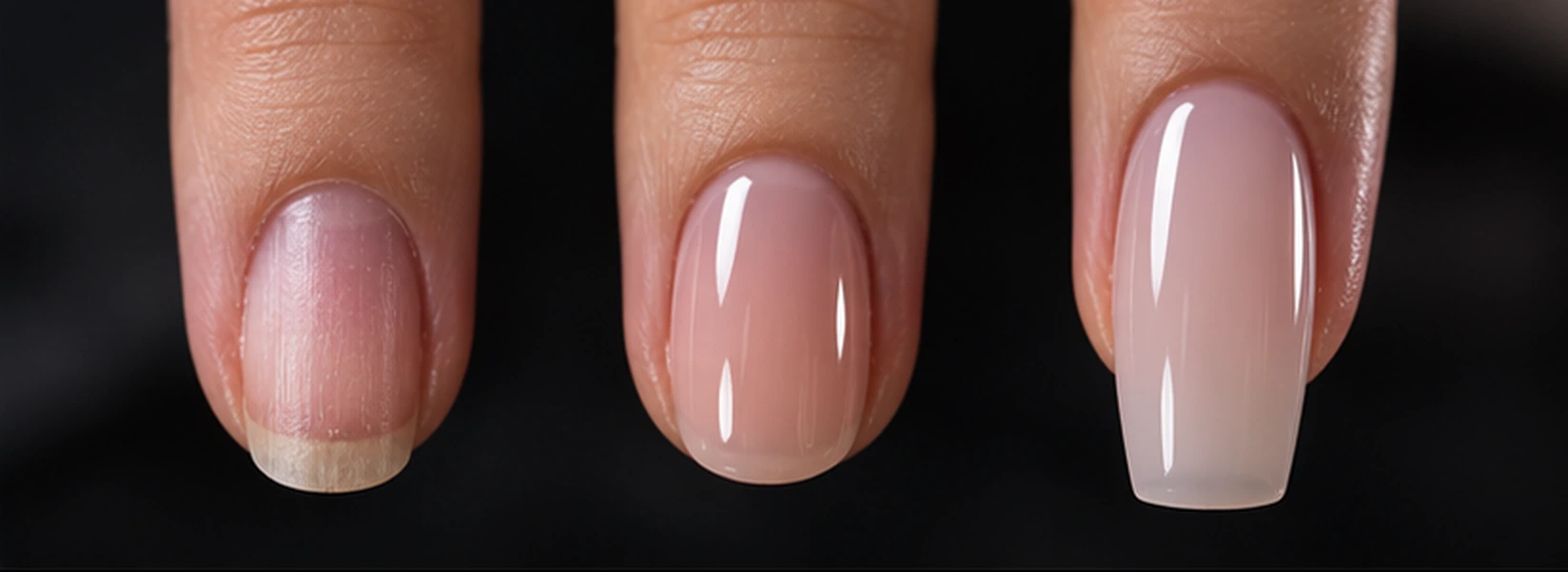 Comparison of a natural nail, a short structured gel overlay and a longer builder gel nail