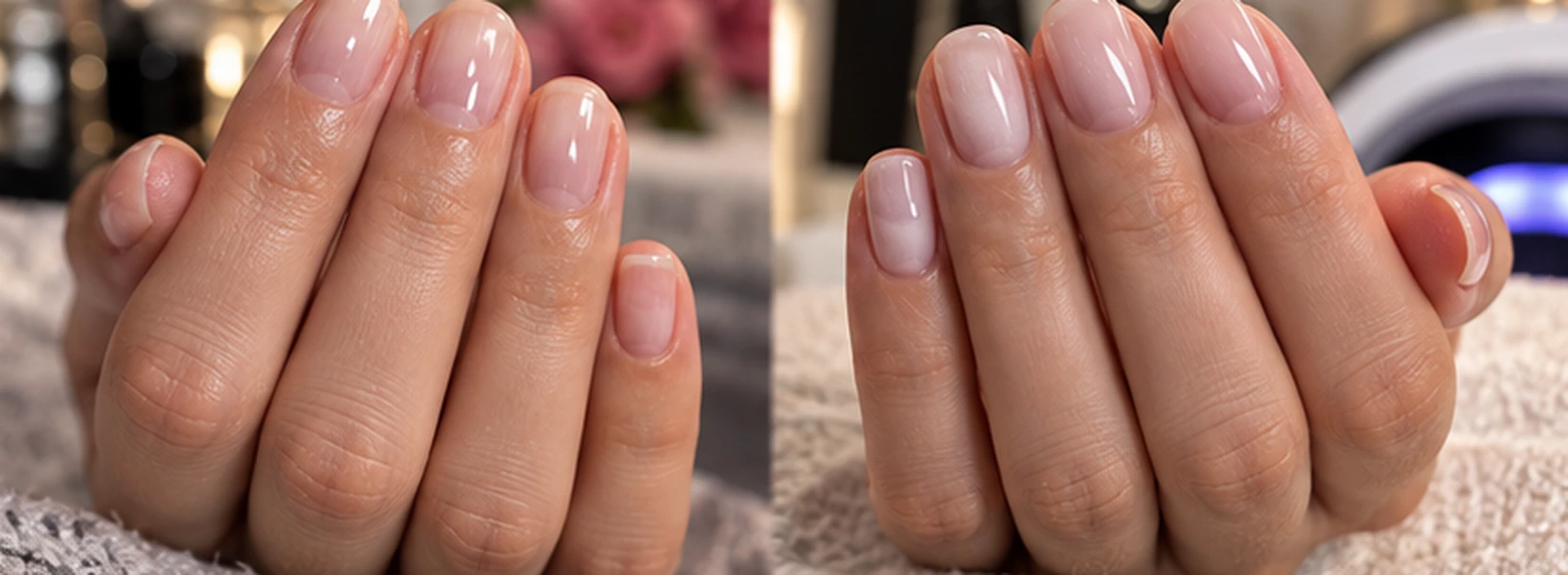 Natural short nails compared with glossy structured nude builder gel overlays