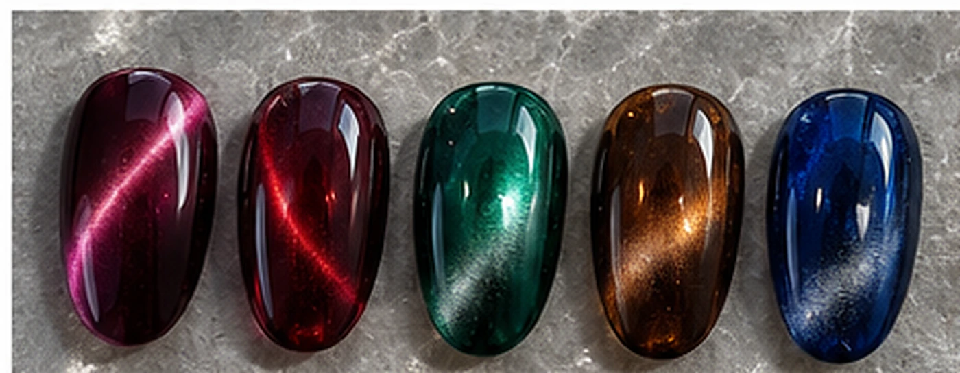 Gemstone glass nail examples in burgundy, ruby, emerald, smoky quartz and sapphire shades
