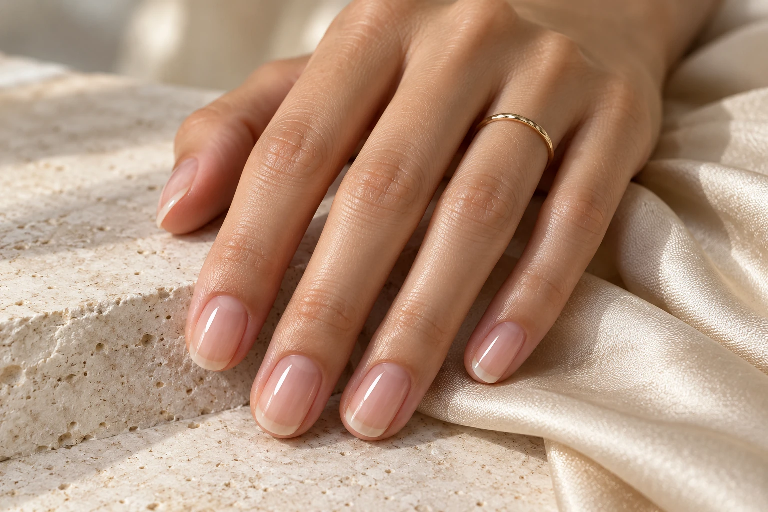Short oval nails with a transparent glossy finish and natural free edges