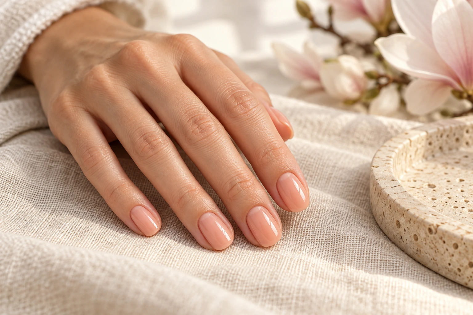 Glossy peach nude manicure on short rounded nails beside magnolia flowers