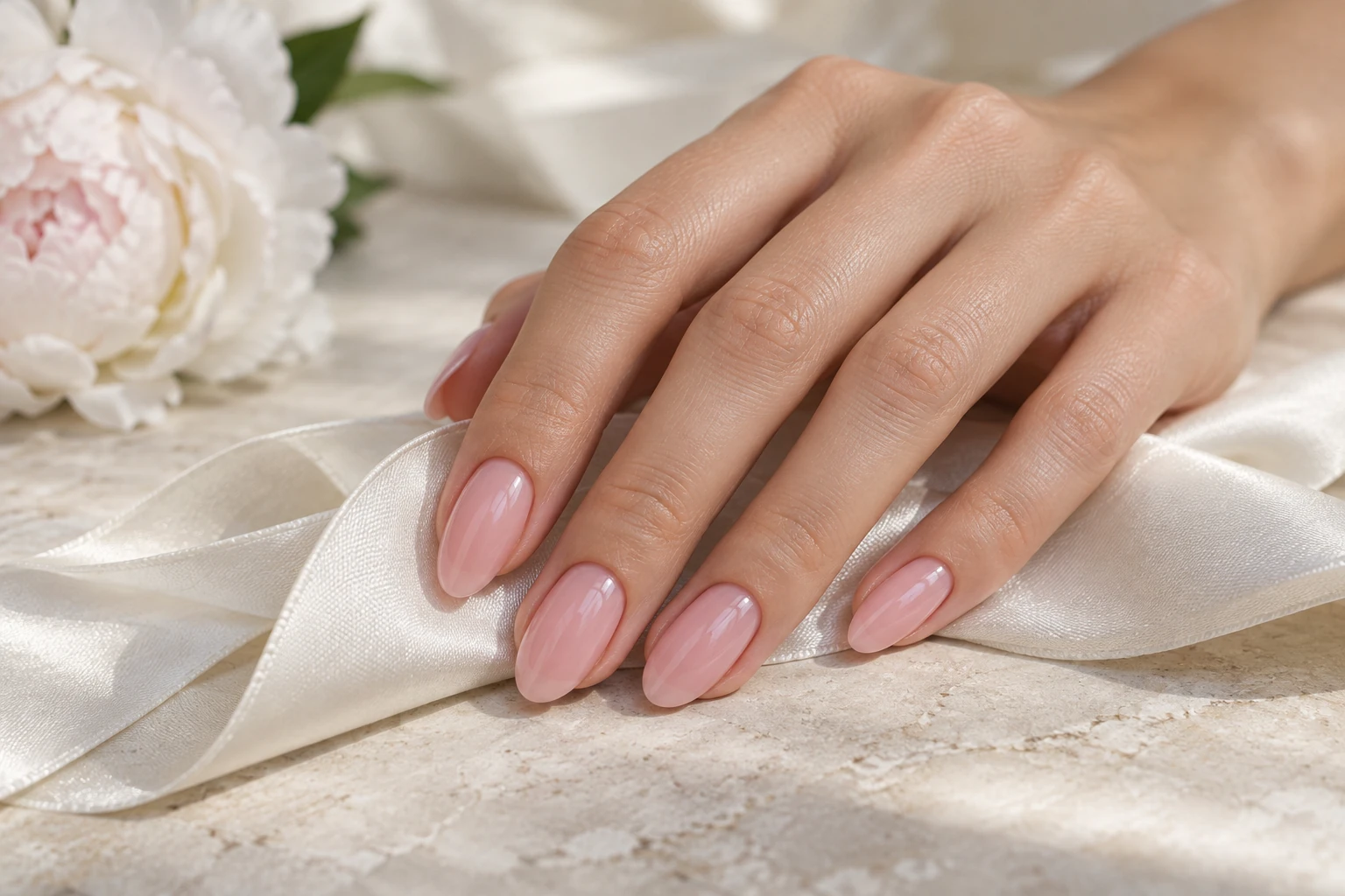 Glossy blush pink almond manicure beside ivory silk and a peony flower