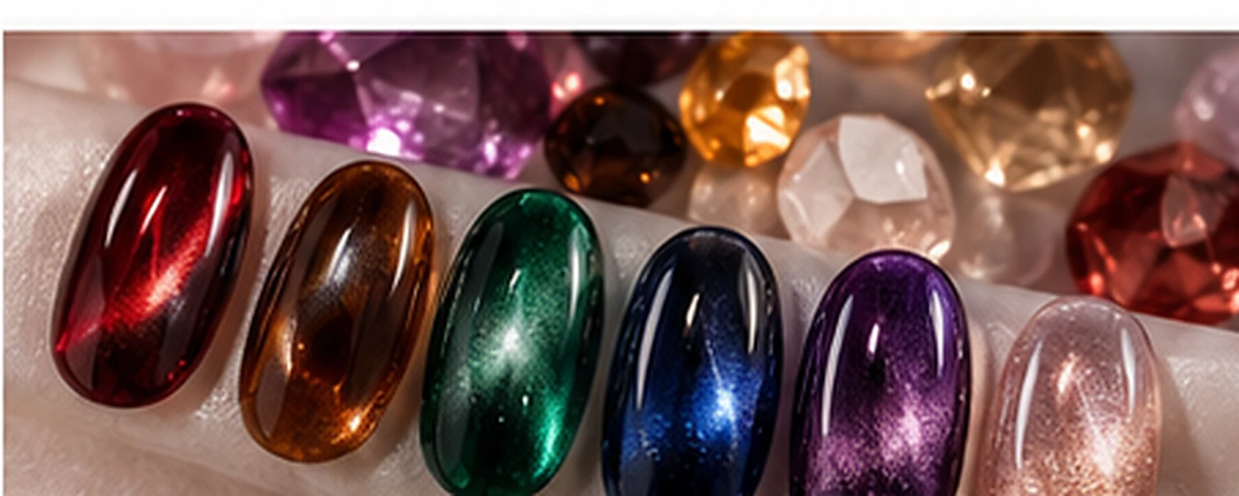 Gemstone glass nail colour palette with ruby, smoky quartz, emerald, sapphire, amethyst and champagne finishes