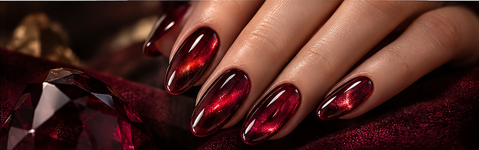 Ruby gemstone glass nails with a deep magnetic cat-eye reflection beneath translucent red colour