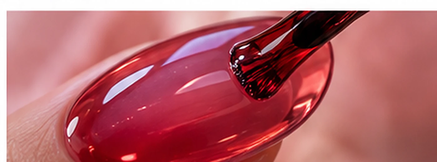 Translucent cherry jelly gel being applied to a glossy nail to create a glass-like layered effect