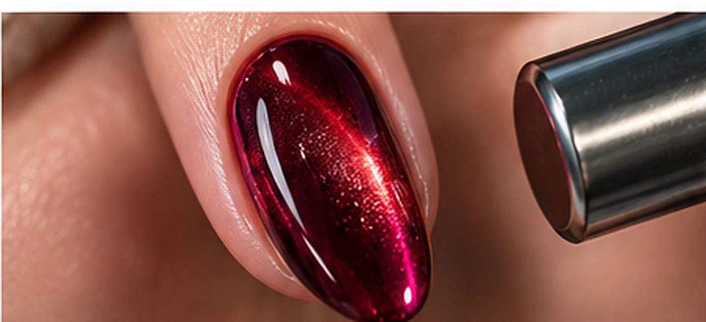 Magnet positioned beside red cat-eye gel to shape the reflective magnetic particles before curing
