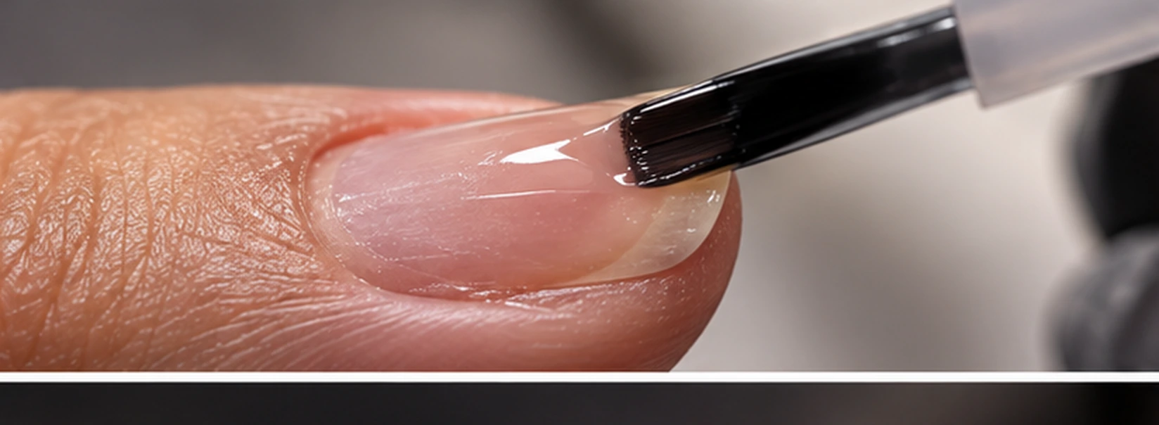 Thin layer of flexible gel base being brushed onto a short natural nail