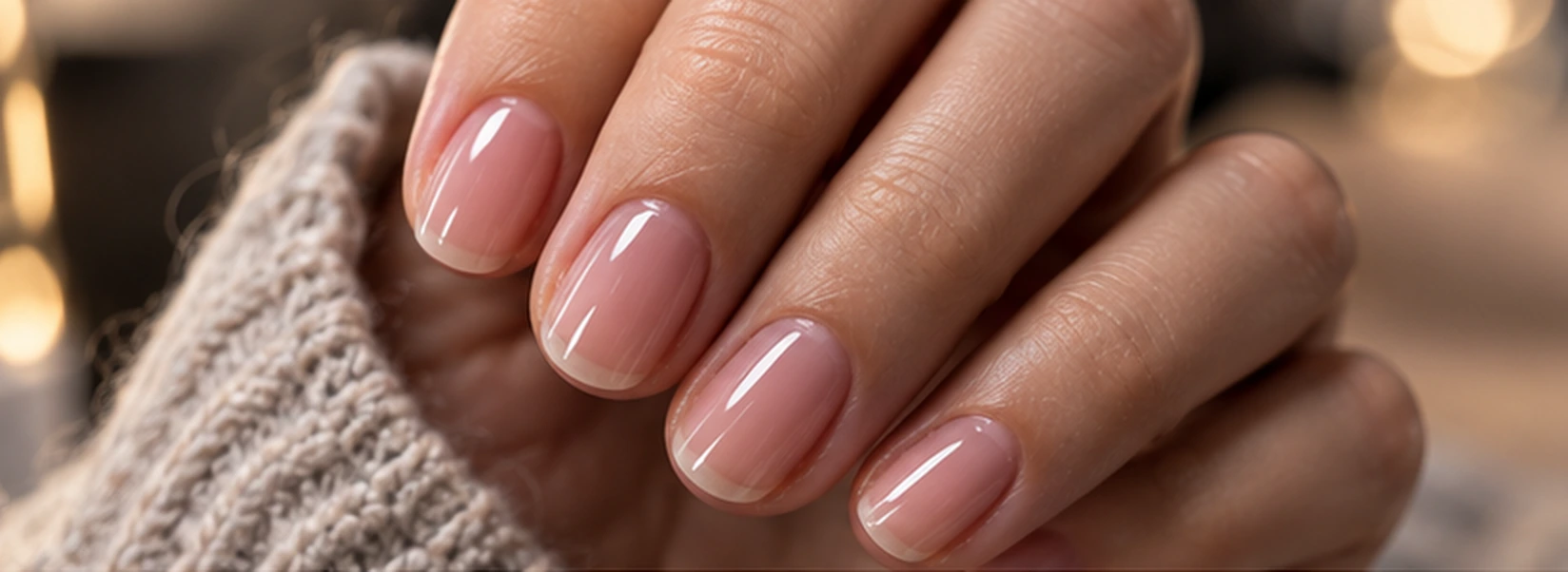 Short natural nails with a glossy sheer nude builder gel overlay