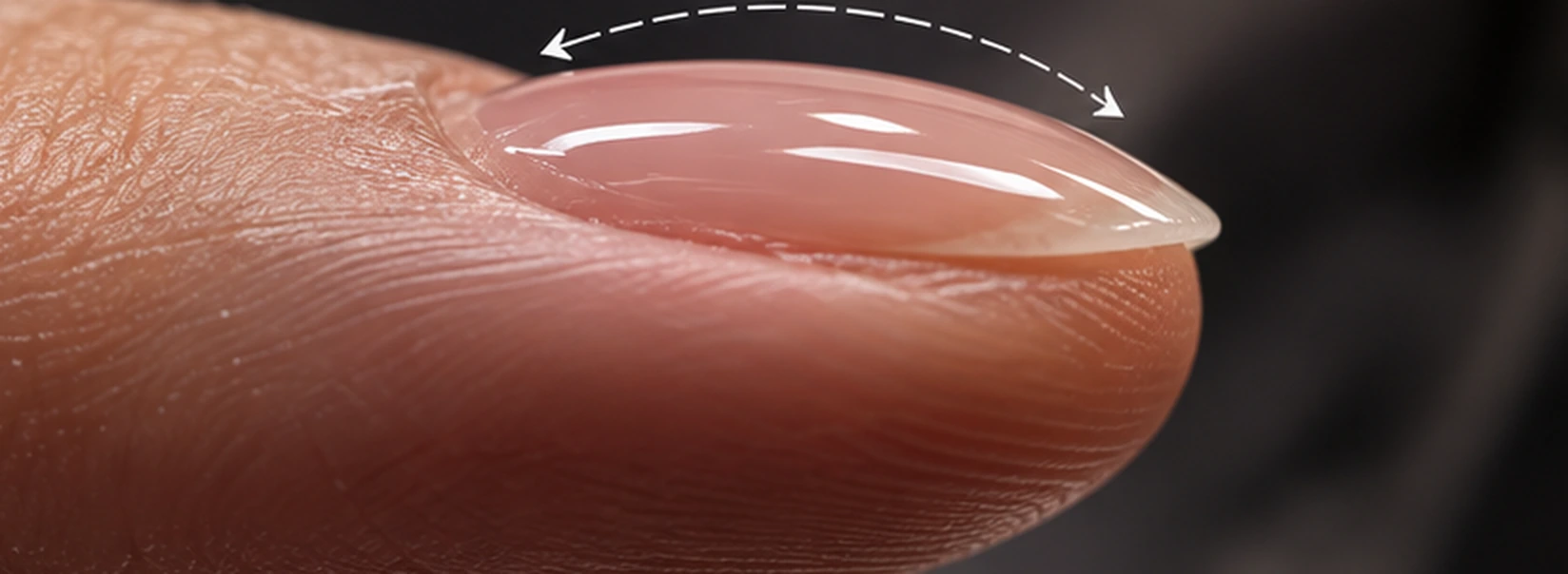 Side profile of a structured natural nail overlay showing a smooth apex and thin free edge